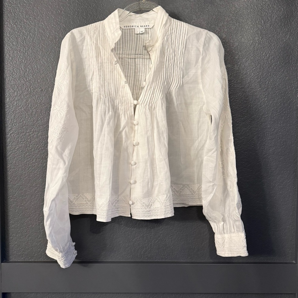 VERONICA BEARD • Amandine High Neck Pleated Floral Embroidered Top White - Picture 4 of 9